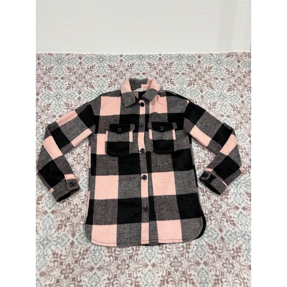 HM Girls Pink Black Buffalo Plaid Button Front Shirt Jacket Shacket Size 14